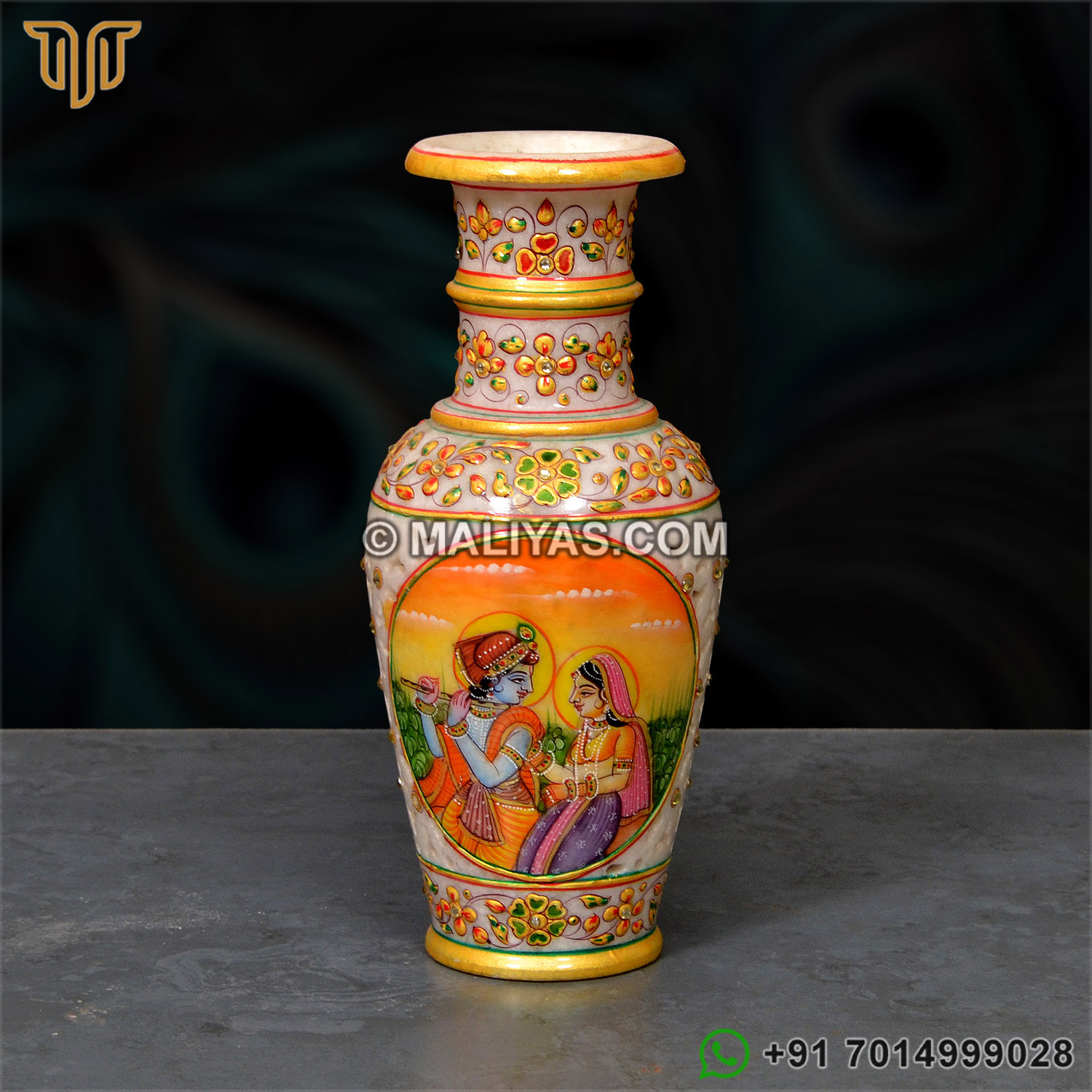 Marble Flower Vase with Radha Krishna Painting
