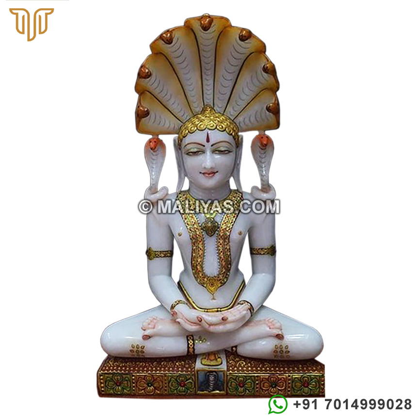 Jain Parasnath Statue Carved in Marble Stone