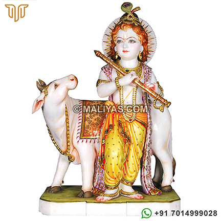 Carved Krishna Statue with Cow in Marble