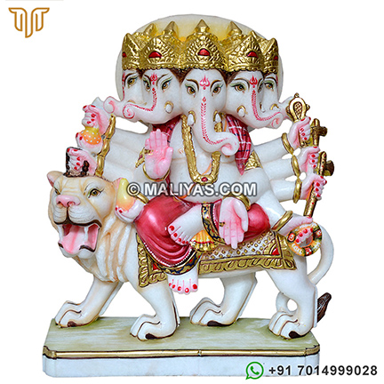 Marble Heramba Ganesha Statue Seated on Lion