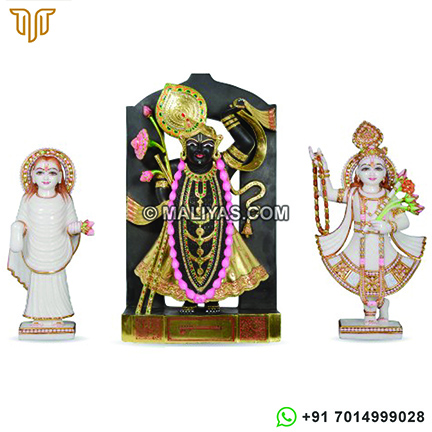 Marble Shrinathji Murti with Yamuna ji and Mahaprabhu ji