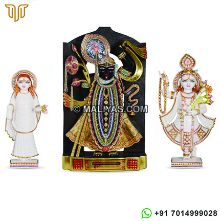 Marble Shrinathji Statue with Yamuna ji and Mahaprabhu ji